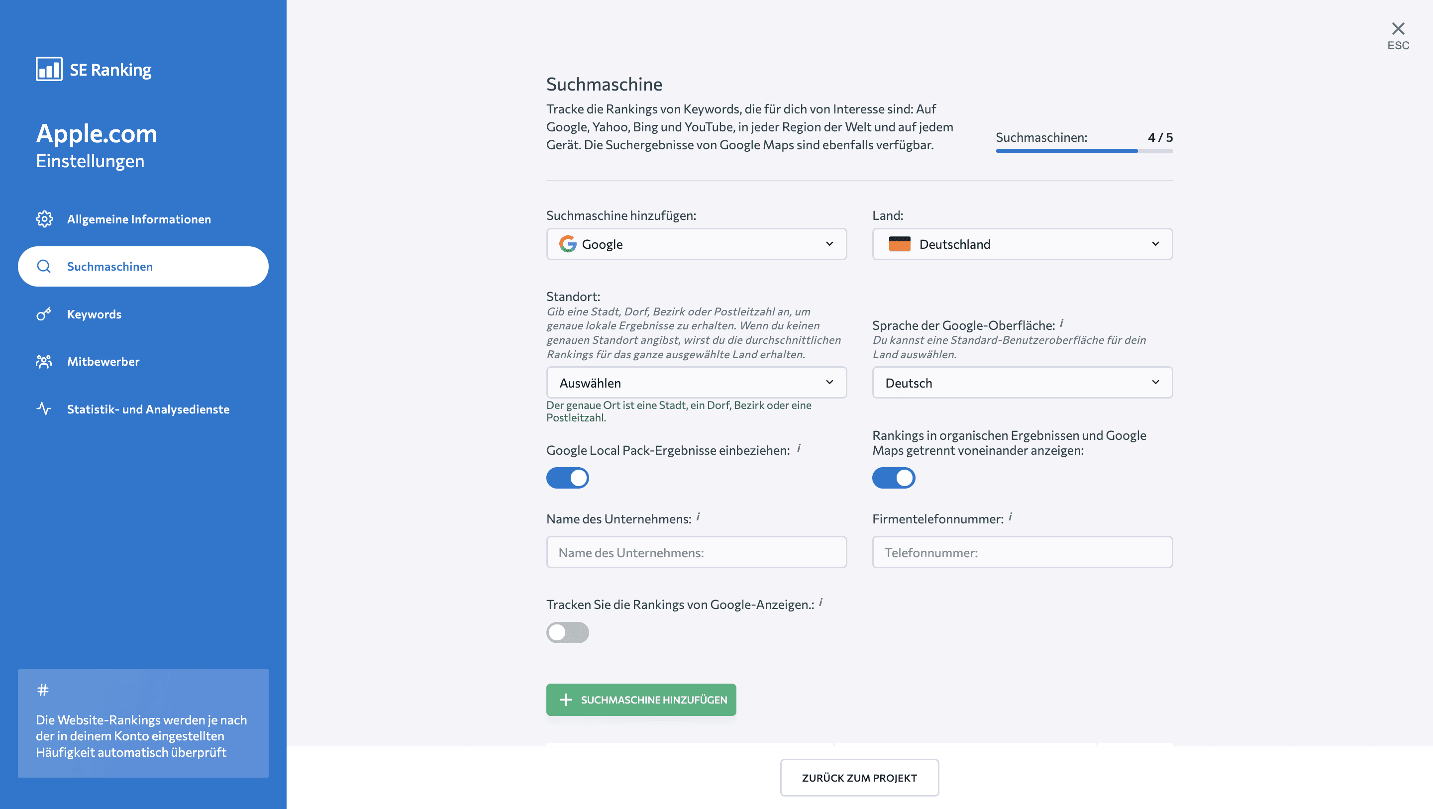 Der Schritt zur Konfiguration der Suchmaschine bei der Projekteinrichtung